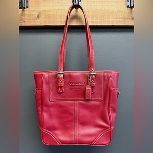 Coach F11396 Hampton Gallery Red Leather Tote Contrast White Stitch Handbag